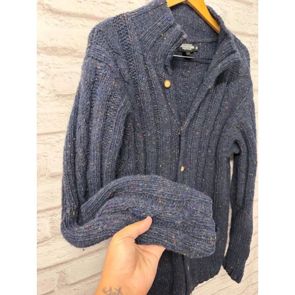The J. Peterman Company Cardigan Sweater Medium Blue Wool Speckle Cable Knit